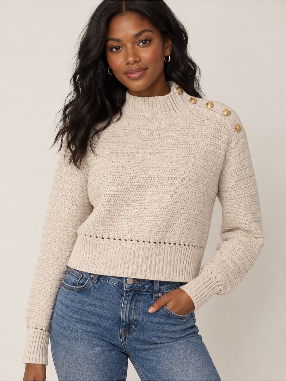 Toccin x Rent the Runway Cream Chunky Knit Gold Button Sweater Sz S